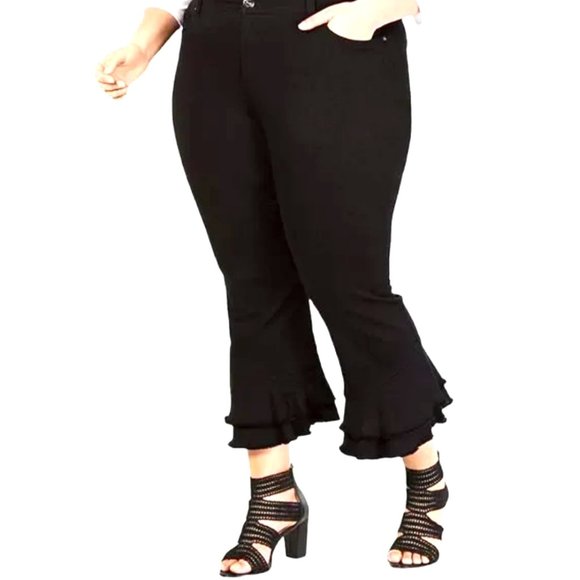 INC International Concepts Denim - INC Tummy Control Ruffle Hem Ankle Black Pants JEANS Size: 16W
